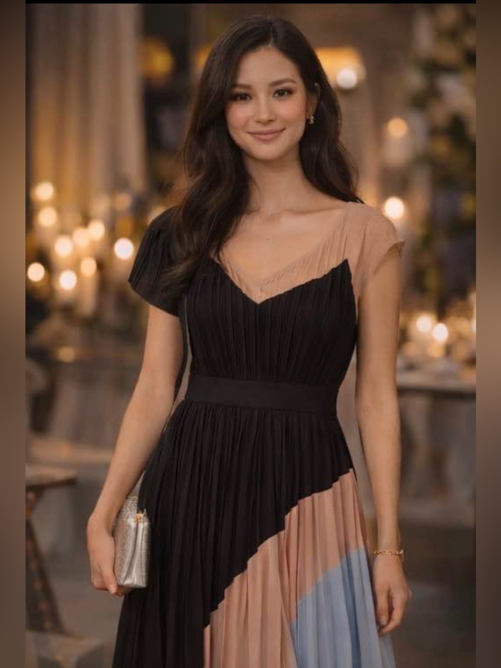 BCBGMaxAzria Black, Blush & Light Blue Pleated Midi Dress